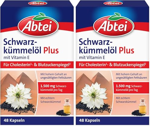 Abtei Schwarzkümmelöl Plus - mit Vitamin E - Nahrungsergänzung für Cholesterin- und Blutzuckerspiegel - 1 x 48 Kapseln (Packung mit 2)