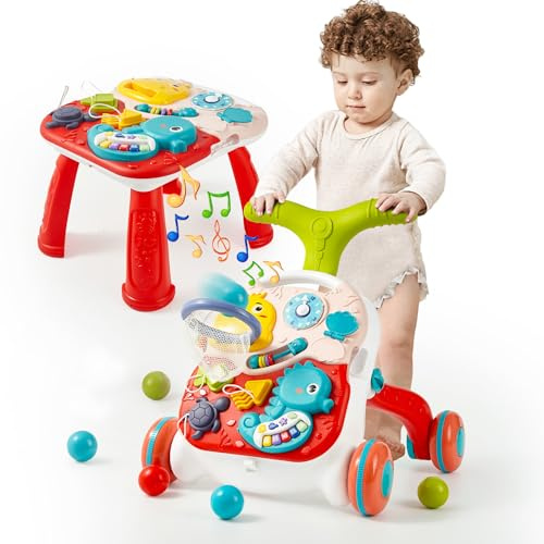 Hawthyhome 3 in 1 Lauflernhilfe Baby, Baby Spiel- und Laufwagen, Lauflernwagen und Abnehmbarem Spielboard, Faltbar Gehspielzeug mit Rollen Musik, für Kinder von 12-36 Monaten