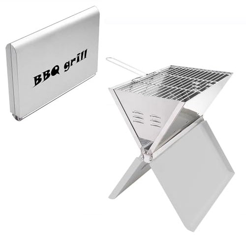 Begoniape Barbacoa de carbón vegetal portátil plegable de acero inoxidable barbacoa barbacoa de mesa barbacoa portátil barbacoa de picnic para exterior jardín fiesta camping viaje 36 x 24 cm plata