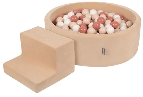 KiddyMoon Spielplatz Velvet Aus Schaumstoff Mit Rund Bällebad (200 Bälle) + Stüfchen Ballgruben Für Babys Spielbad, Sandbeige:Pastellbeige/Lachsfarben/Weiß