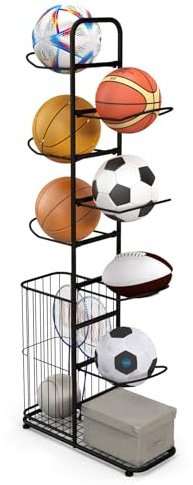 SPOTRAVEL 7 Tier Ball Storage Rack, Vertical Basketball Rack Ball Holder | with 7 Detachable Hanging Rods & Side Bin, Metal Sports Equipment Storage Organizer Display Stand for Stadium Gym Classroom