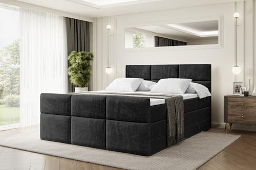 ALTDECOR Boxspringbett mit Matratze und Lattenrost, Topper, Fußteil,Polsterbett mit Bettkasten, Bett mit Stauraum H3- und H4- Matratze, Doppelbett - Ohio-Z King - 200x200 - Schwarz Samt