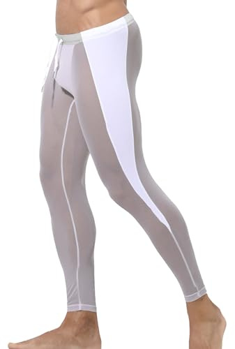SEAUR Pantalones de yoga de malla transparente para hombre, mallas de compresión transparentes con cordón, gris, XL