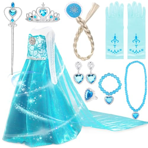 Amzeeniu Vestito Elsa Frozen Bambina,11pcs Elsa Costume Bambina Corona/Bacchetta/Guanti/Treccia/Orecchini/Anello vestiti carnevale bambina Set da Principessa Elsa Cosplay Party Halloween Carnevale 120