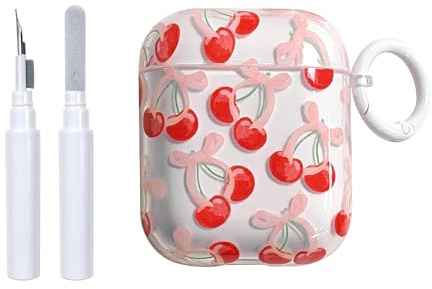 Reownest per Airpods 2a/1a Generazione con Kit Pulizia, Design Estetico con Motivo Fiocco Ciliegia, Cover Protettiva con Ciondolo Shockproof per Cuffie Airpods 2 & 1 - Rosso