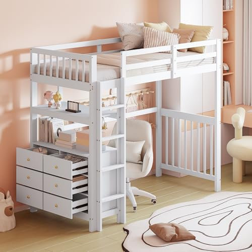 Aoskem Kinderbett Hochbett 90x200 cm, Etagenbett Hausbett mit Leiter, Stauraum 6 Schubladen & Regale, Holzbett Jugendbett Bettgestell mit Rausfallschutz und Lattenrost, Ohne Matratze (Weiß)