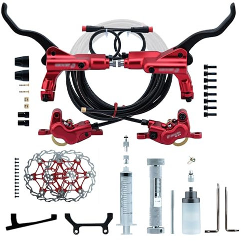 HZXQCVB 4-Kolben E-Bike Hydraulikbremsensatz Mit 160mm/180mm/203mm Rotoren 2-PIN Power-Off Scheibenbremsensatz Alu-Bremssattelhebel Für Elektrofahrräder Inklusive 2300mm Schlauch(Red,180mm)