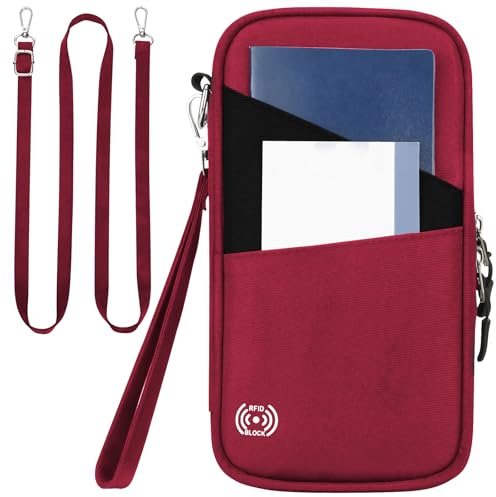 Casbomy Reisepass Tasche Reiseunterlagen Organizer, Mit RFID Blocker Reisedokumententasche, Wasserdicht Passport Tasche, Reisedokumente Ausweise Kreditkarten Organizer Dokumente (Rot)