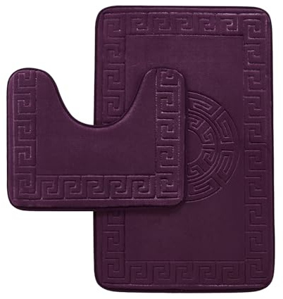 GC GAVENO CAVAILIA Memory Foam Bath Mat Non Slip - Extra Soft Highly Water Absorbent Bathroom Mat Sets 2 Piece - Greek Toilet Rug (50 x 80 cm) & Pedestal Set (50 x 40 cm) - Washable - Purple
