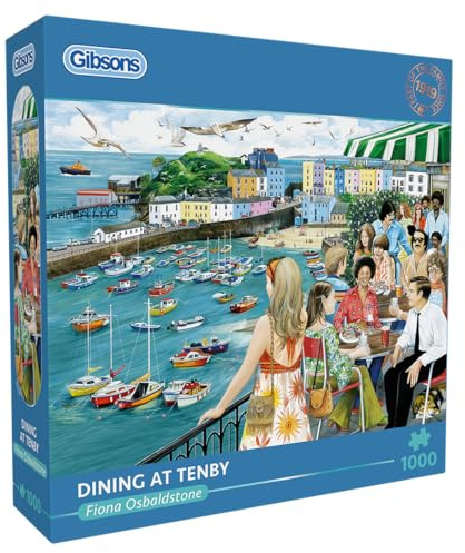 Gibsons Dining at Tenby 1000 Piece Jigsaw Puzzle for Adults – Seaside Restaurant Scene by Fiona Osbaldstone – Colourful Welsh Coastal Artwork – Premium Sustainable Puzzle Made in the UK/EU