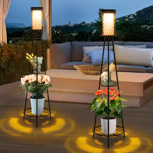 Aialun Outdoor Solar Floor Lamps with USB Charging, 45.67 Inch Tall Double Plant Stand Outside Floor Lamps, Warm & White 3 Modes Standing Decor Lights for Patio, Porch, Deck, Yard, Garden, 2 Pack