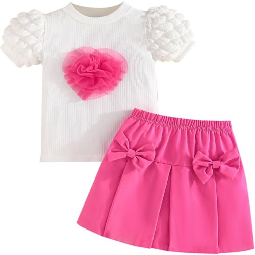 Yaopelky Vestiti Estivi per Bambina 2 Pezzi Set Gonna a Sbuffo Manica Corta t-Shirt Gonna a Pieghe Festa di Compleanno Vestiti Ragazza, Pesca,4 Anni
