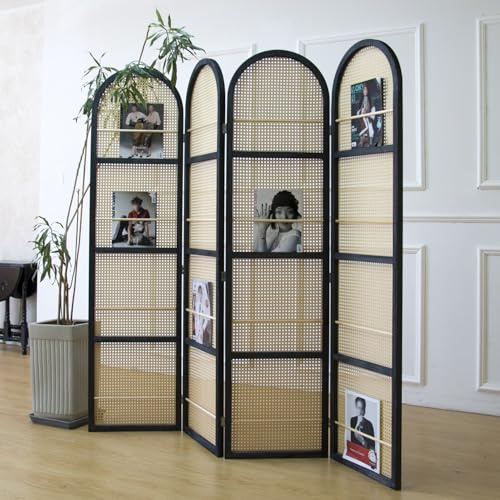 Furnnylane 4 Panel Rattan Room Divider with Book Shelf, 5.9 ft Tall Arched Top Folding Privacy Screen, Decorative Panel Screen with Premium Thickened Wood Frame for Home & Office (70.9 H x 70.9 W)