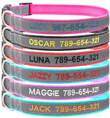 Reflektierendes Hundehalsband Personalisiert, Bestickt mit Namen und Telefonnummer Verstellbar für Extra Klein, Klein Mittel Groß Hunde