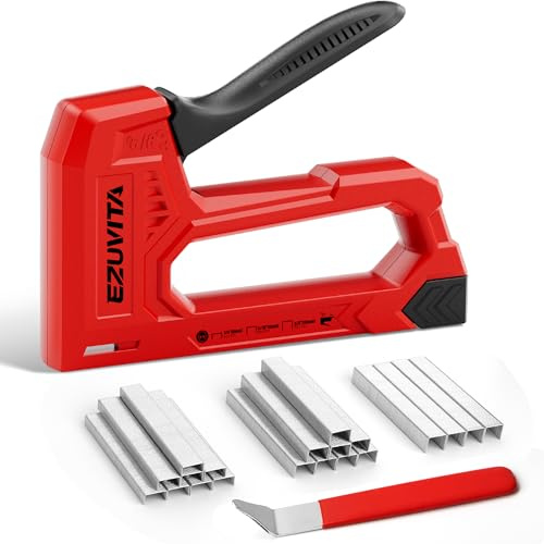 EZUVITA Leichte Handtacker für Holz – Rote, Tackerpistole mit 2000 JT21-Klammern (6, 8, 10mm) und Heftklammerentferner, Tackerpistole für Bastelarbeiten, Heimwerken und Dekoration