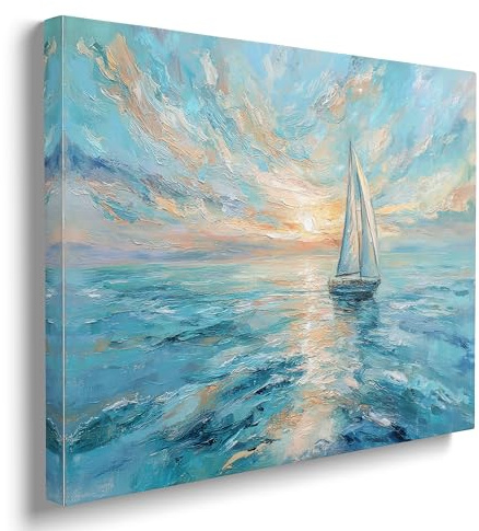 Sunset Sailboat Ocean Canvas Wall Art Framed Print Painting Calm Seascape Wall Decor Artwork Poster Coastal Nautical Blue Turquoise Pink Serene for Living Room Bedroom Bathroom Decor 12x16 Inches