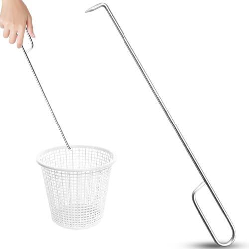 Crochet d'écumoire pour piscine – de retrait de panier, aide à la traction de nettoyage extérieur | Matériau de construction à prise en main robuste, poignée incurvée confortable avec portée