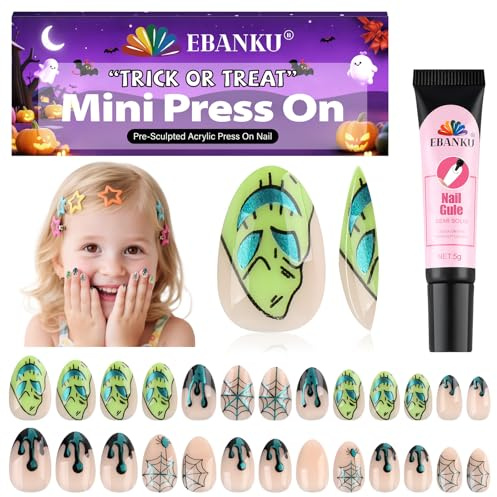26 Stück Halloween-Kunstnägel für Kinder, EBANKU Kinder-Kunstnagelset „Grüner Spinnennetz-Albtraum“ für Mädchen von 7 bis 12 Jahren mit Nagelkleber | Green Spider Web Nightmare Press on Nails für Mädchen 7-12 Jahre mit Nagelkleber