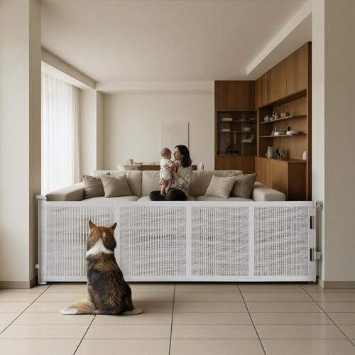 78 cm hohes Hundeschutzgitter aus Netz, ausziehbar bis 500 cm Breite, zum Bohren, kleines Hundegitter für Treppen, leicht übersteigbares Welpengitter für Türen, innen und außen, weiß