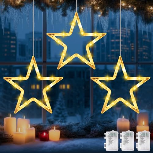 Star Curtain Lights,3 Pezzi Star String Lights 30cm,IP44 Waterproof Stell Natal Decoration,LED Lights Decorative Lighting,Star Decoration for Christmas,for Windows,Balconies,Birthdays,Parties