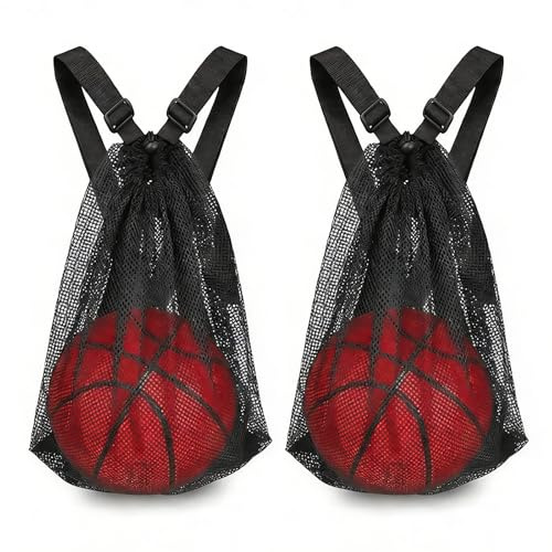 VQBKHO 2 sacchetti in rete per palloni, 48 x 37 cm, con coulisse, borsa da palestra, borsa da basket da appendere, borsa da spiaggia, borsa a rete portatile pieghevole