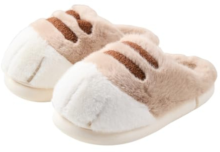 Katttasstofflor för damer Söta luddiga plyschhusskor Vinter Varm och mysig djurtassdesign Mjuk lurvig Slip-On Halkfri inomhusskor för hem i sovrummet,Khaki,36 EU