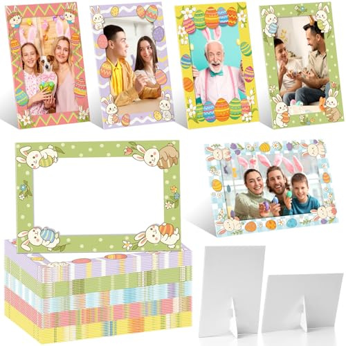 AmazingSpark 50 Pack Easter Picture Frame 4 x 6 Paper Photo Ornament Bulk Bunny Egg Cardboard Photo Gifts for Easter Tabletop Spring Party Decor Seasonal Holiday Gift Boxes