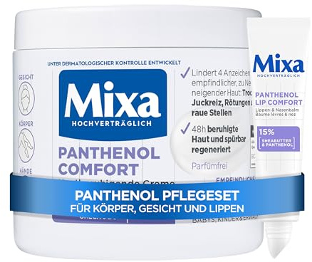 Mixa Panthenol Beruhigungs-Set – Hautberuhigende Allzweckcreme & Panthenol Lip Comfort Lippenbalsam – SOS-Pflege gegen Juckreiz & Rötungen – Für sensible Haut & trockene Lippen