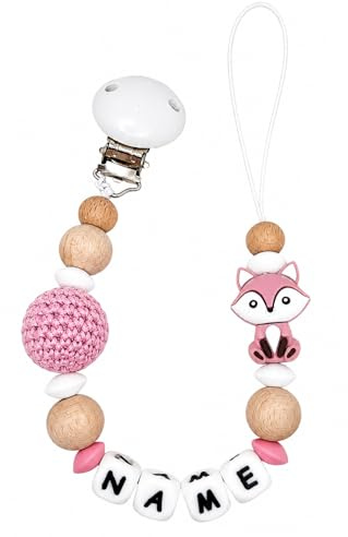 Individuell gestaltetes Babygeschenk personalisiertes Schnullerkette mit Namen für Mädchen oder Junge Baby Geschenk personalisiert zur Geburt & Taufe (Fuchs) (altrosa)