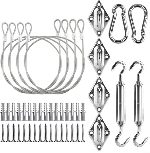 MIKMLYZE Kit de accesorios para vela de acero inoxidable de 5 mm, 44 piezas con tensores, ganchos a presión, tornillos, cuerdas de alambre para instalación triangular o rectangular, jardín al aire