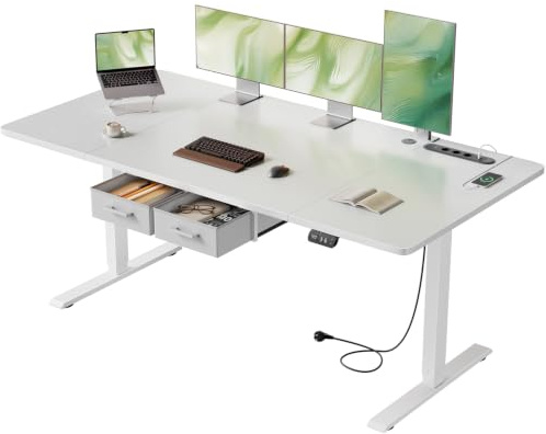 HLONONE Höhenverstellbarer Schreibtisch mit Steckdose, 160x80 cm, Weiß | 2 AC-Anschlüsse & 3 USB-Anschlüssen, 2 Schubladen, Memory Funktion, 72-117cm Höhenverstellbarer, für Homeoffice