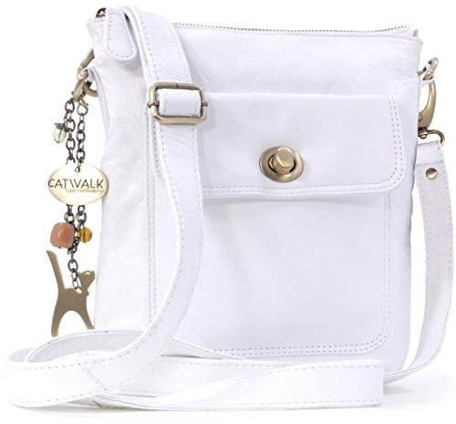 Catwalk Collection Handbags - Damen Leder Umhängetasche - Crossbody Bag/Handtasche Klein - Verstellbarer Abnehmbarer Schultergurt - Laura - Weiß