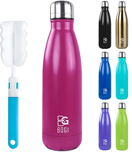 Bogi 17 Ounce Travel Mug Double-Walled Drinks Bottle Stainless Steel Water Bottle for Outdoor Sports Hiking Camping Cycling Office and Everyday Use, Cold For 12 Hours & 24 Hot + 1 Brush Gift, hot pink