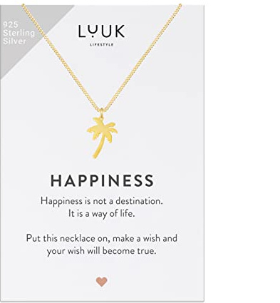 LUUK LIFESTYLE Halsband i 925 Sterling Silver med palmhänge och ett inspirerande HAPPINESS-kort, lyckoamulett, vänskapsgåva, damsmycken, guld