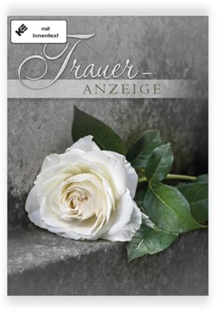 KE - Traueranzeigen-Karte (5er Set), DIN A6, Klapp-Karten mit Innentext, mit Umschlägen, Todesanzeigen, Parte, Motiv: Rose