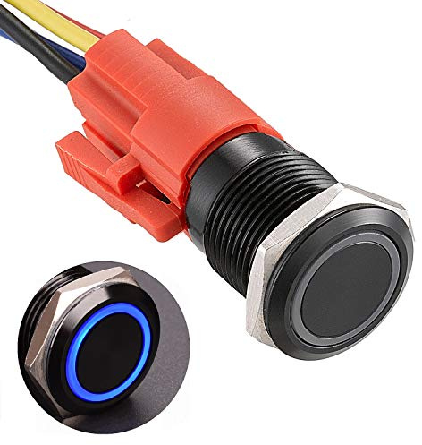 APIELE 16MM Verriegelung Druckschalter 12VDC 5A, Schwarz Aluminiumlegierung mit LED Ringbeleuchtung wasserdicht Latch Drucktastenschalter, Auto RV LKW Boot EIN/AUS Taste Schalter (Blau)