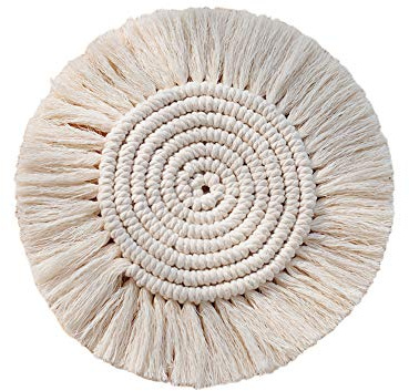 ISAKEN 5pcs Coaster Macrame Set, Fait À La Main sous Verres, Antidérapant Résistantes à la Chaleur Napperon Dessous de Verre en Coton tressé, Café Boisson Bière Tasse Tapis Boho Décoration De Table
