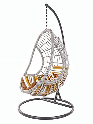 KIDEO PALMANOVA großer Hängesessel inklusive Gestell und Kissen, Polyrattan, Korbsessel, grau (Kissen: Chesterstepp gestreift [8640 Retro Stripes])