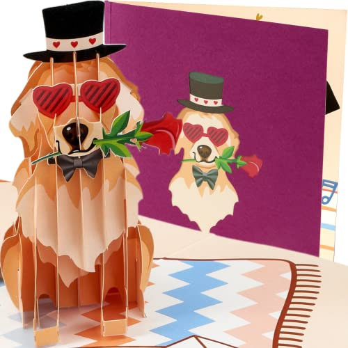 Liebessa 3D Pop UP Karte - Süßer Hund mit Rose - Schöne Grußkarte, Geschenkarte zum Geburtstag, Valentinstag, Jahrestag, Liebeserklärung, Verlobung, Hochzeit