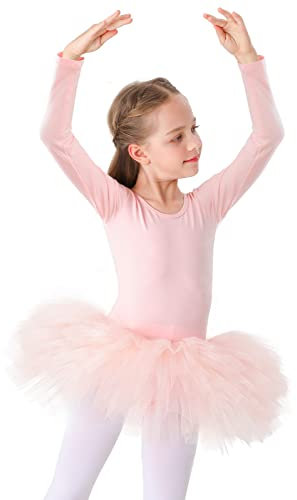 Kinder Ballettkleidung Tütü Ballettkleid Mädchen Baumwolle Balletttrikot Kurzarm Ballettanzug Tanzbody mit Rock (140 (130-140 cm, 7-9 Jahre), Rosa Langarm)