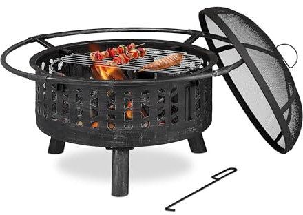 Relaxdays Brasero Exterior, Parrilla y Protección Antichispas, Atizador, Rejilla de Carbón, Ø 75 cm, Negro y Plateado