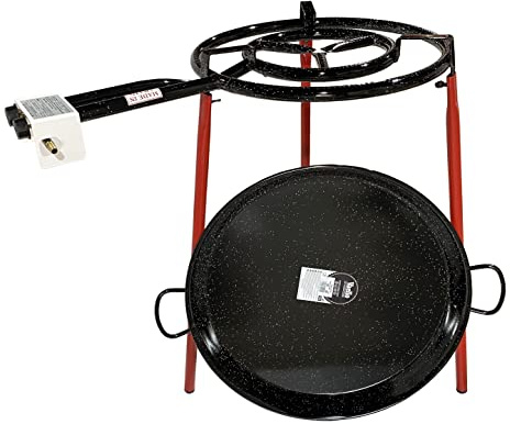 FERRETERIA LEPANTO Kit Paellero 50 cm Gas butano, paellera esmaltada de 65 cm, regulador de Gas + 1,5 metros de Manguera, soporte de 3 Patas reforzadas (65)