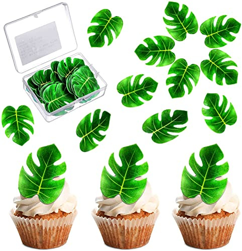 Auidy 6TXD 48 Stück Essbare Tropische Schildkrötenblätter Cupcake Topper Blätter Kuchen Dekoration Künstliche tropische Palmenblätter für hawaiianische Party, Dekoration