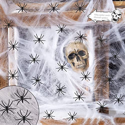 Halloween Deko Spinnennetz, Halloween Decoration,Halloween Horror Realistisch Spinnenweben Spinnen, 100g Spinnenweben+20 Spinnen, Grusel Deko Set für Halloween Party Garten Spukhaus Decoration