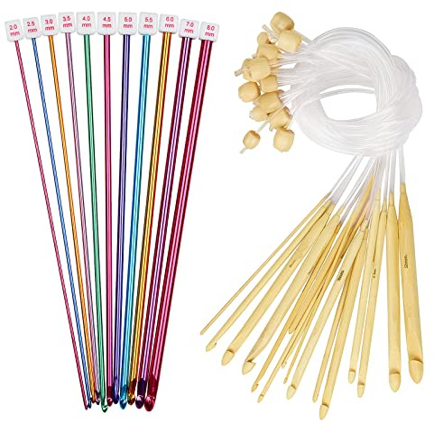 Coopay 23 agujas de ganchillo tunecinas para principiantes afganos, agujas de ganchillo de bambú, 2-12 mm, con cuerda y agujas tunecinas de aluminio, ideales para alfombras y bufandas