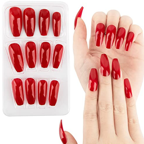 24 Stück Künstliche Nägel zum Aufkleben Lang Rot Press On Nails Fake Falsche Nägel Fingelnägel DIY Nagelkunst für Frauen Damen mit Kleberpads für Weihnachten Neujahr