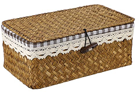 TOLIDA Cesta de Almacenamiento Caja de Mimbre con Tapa Cestas Decorativas Salon Rectangular Cesta Hierba Marina con Forro Extraíble Seagrass Basket Caramelo (S) para Hogar Cocina