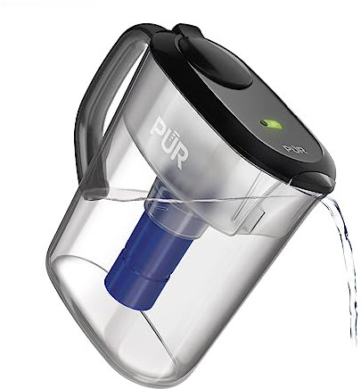 PUR Jarra de filtro de agua de 11 tazas con 1 filtro PUR original, capacidad de 11 tazas, filtración más rápida 3 en 1, apta para lavavajillas, luz de cambio de filtro, humo (PPT110BA)