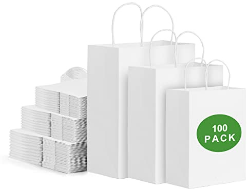 Lot de 100 sacs en papier kraft blanc avec poignées - Sacs cadeaux de tailles mixtes pour les travaux manuels, courses, fêtes, anniversaires, mariages, restaurants