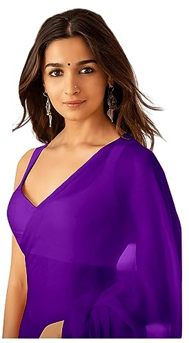 Sidhidata Dam enkel ren Georgette sari med osydd blusstycke (Rocky Aur Rani Ki Prem Kahani Alia Bhatt Saree), Lila, One Size